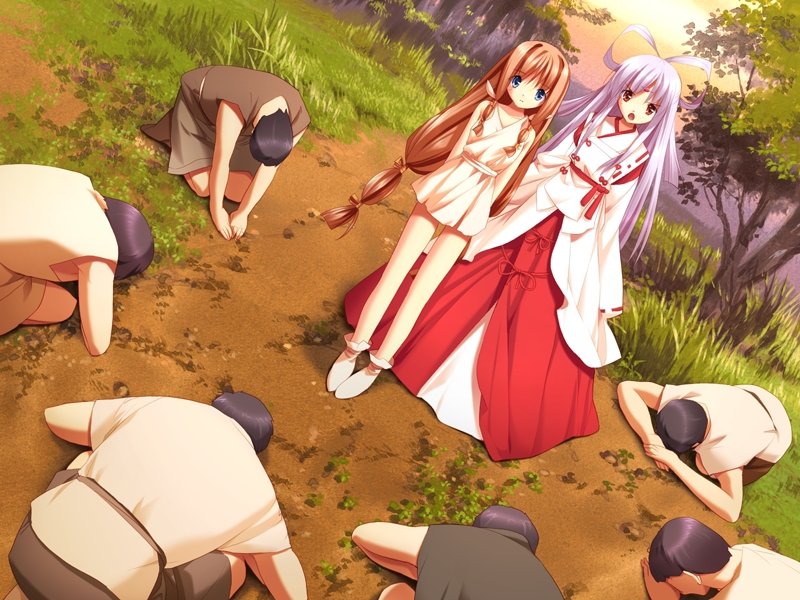 2girls, blue eyes, brown hair, japanese clothes, miko, multiple girls, pink hair