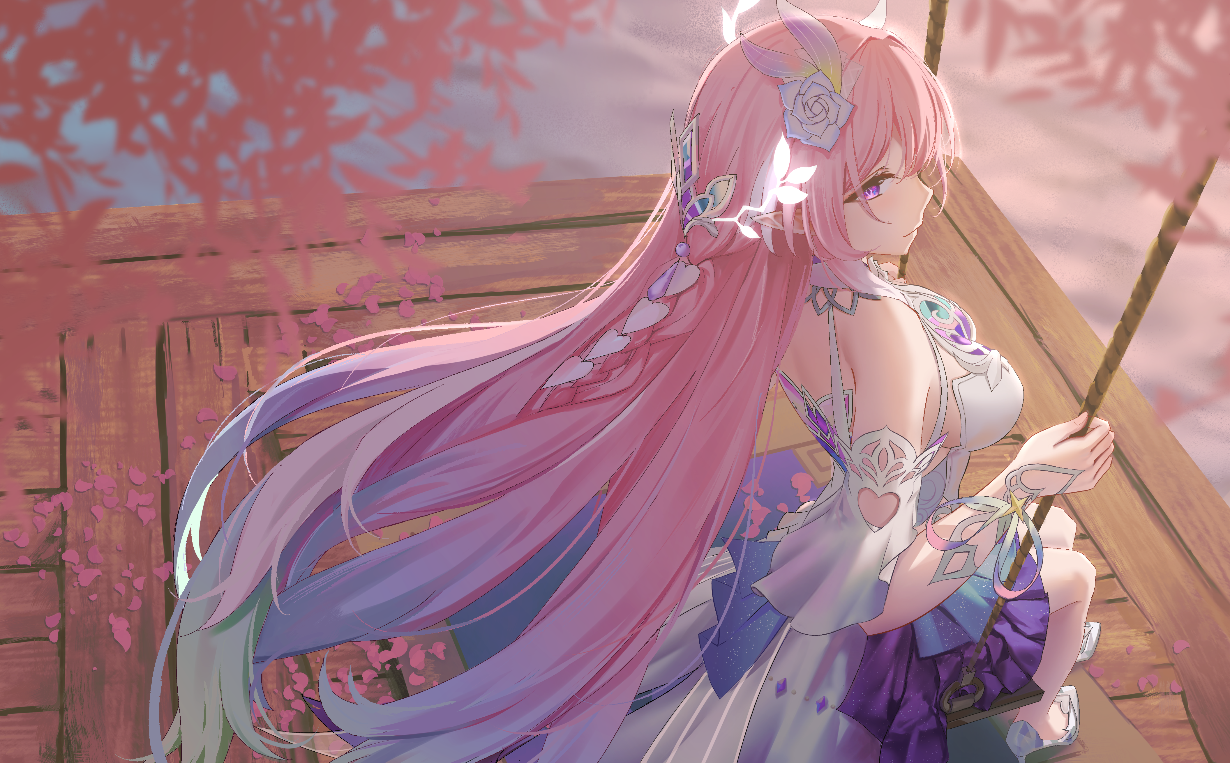 sprygon, cyrene (honkai: star rail), honkai: star rail, honkai (series), absurdres, commentary, highres, 1girl, armlet, bare shoulders, breasts, closed mouth, dress, from side, full body, gradient hair, high heels, jewelry, large breasts, long hair, multicolored hair, on swing, pink hair, pointy ears, pumps, purple eyes, sidelocks, sitting, solo, swing, swing set, white dress