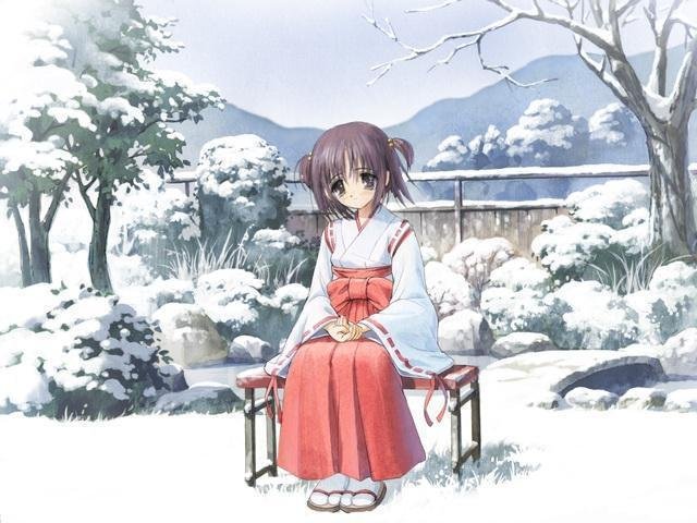 brown eyes, brown hair, japanese clothes, miko, sitting, snow