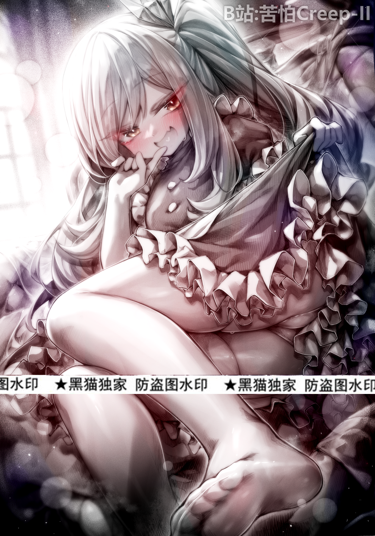 kupa (jesterwii), rilliona (yu-gi-oh!), witchcrafter madame verre, yu-gi-oh!, character request, commentary request, highres, 1girl, ass, bilibili username, blush, breasts, brown eyes, chinese text, dress, fang, frilled dress, frills, long hair, looking at viewer, lying, medium breasts, on side, open mouth, panties, side ponytail, skin fang, soles, solo, spot color, thighhighs, toes, underwear, verre the maid of endymion, watermark, white thighhighs