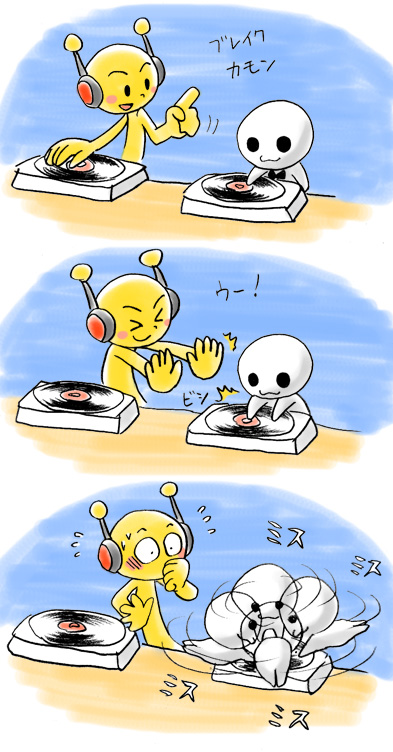 aoi (comical highway), chorus man, dj yellow, rhythm tengoku, rhythm tengoku gold, translated, > <, 1boy, :3, blush stickers, bow, bowtie, closed eyes, dj, flying sweatdrops, headphones, phonograph, smile, spinning, turntable, vinyl record