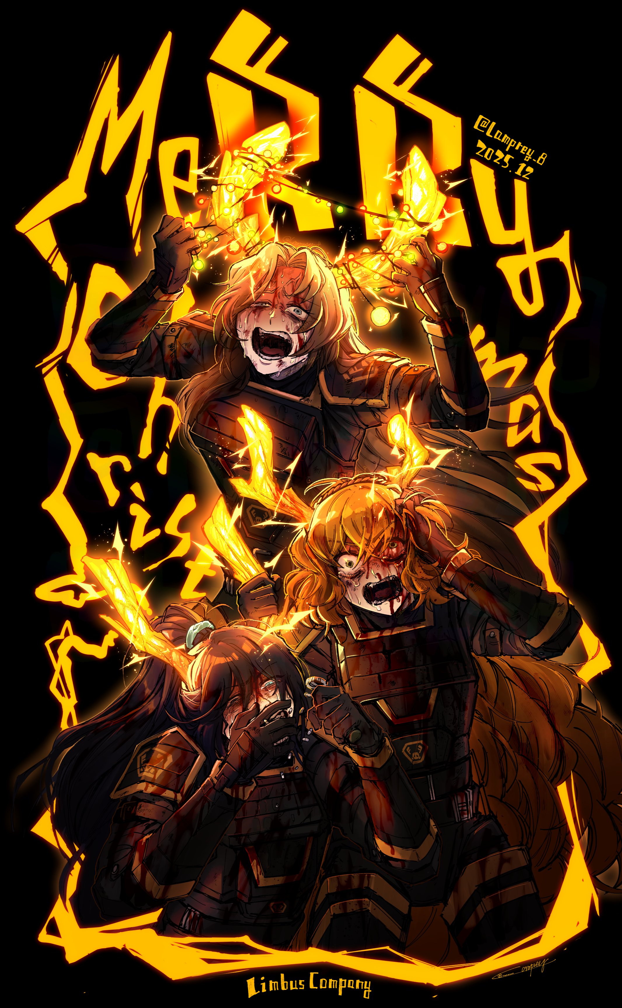 yatsumeunagi, hong lu (project moon), ishmael (project moon), rodion (project moon), limbus company, project moon, absurdres, highres, 1boy, 2girls, antlers, black background, black hair, blood, blood on armor, blood on clothes, bloodshot eyes, brown hair, christmas lights, half updo, hand on own horn, horns, long hair, multiple girls, nosebleed, open mouth, pain, parted bangs, pill bottle, r corp. (identity) (project moon), reindeer antlers, screaming, simple background, very long hair