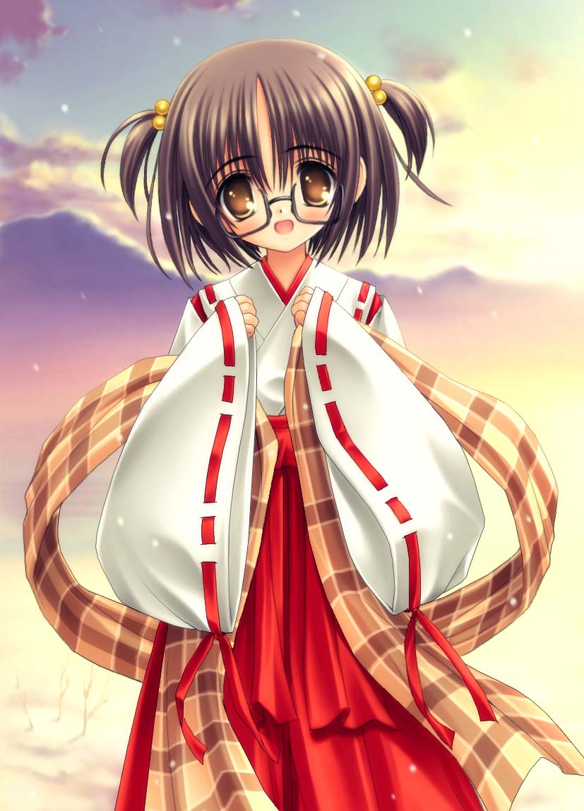 norita, 1girl, :d, blush, cloud, female focus, flat chest, glasses, grey hair, hair bobbles, hair ornament, hakama, hakama skirt, japanese clothes, kimono, looking at viewer, miko, mountain, open mouth, outdoors, oversized clothes, parted bangs, ribbon, scarf, short hair, short twintails, skirt, sky, smile, solo, standing, sun, sunset, twintails, wide sleeves, yellow eyes