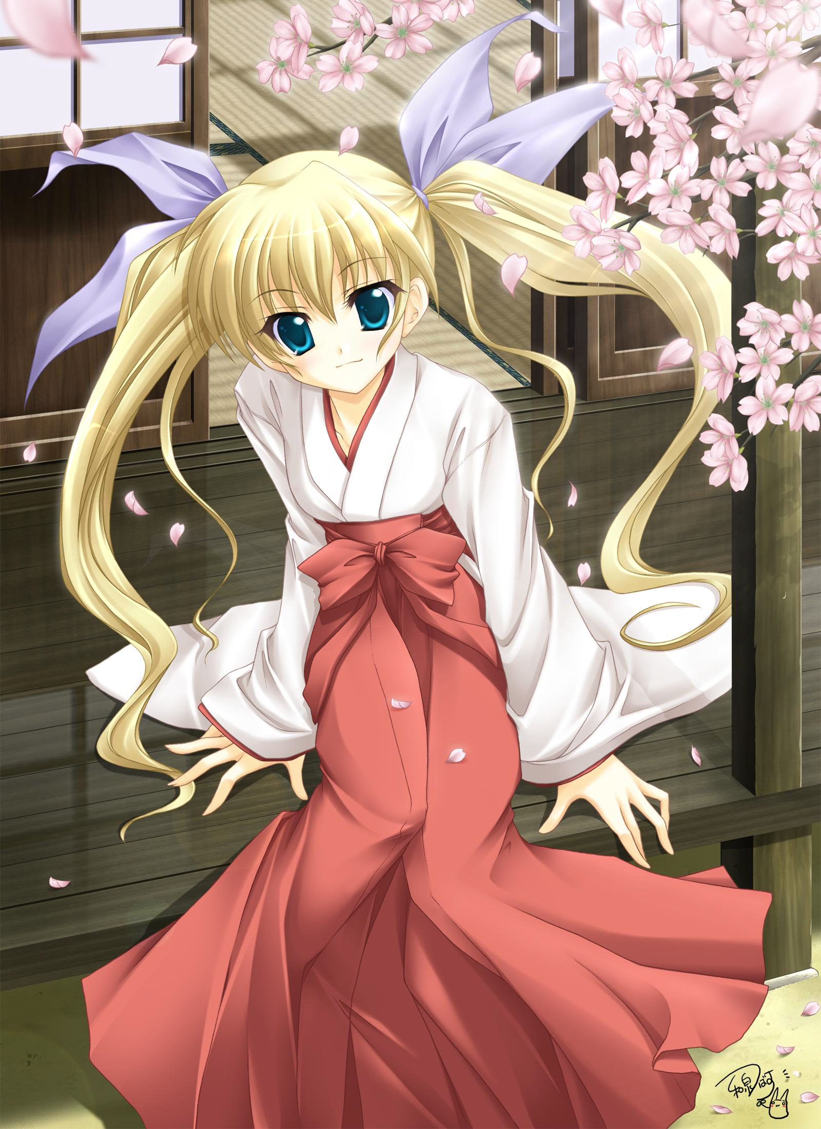 highres, 1girl, blonde hair, blue eyes, cherry blossoms, female focus, hakama, hakama skirt, japanese clothes, miko, petals, red hakama, signature, sitting, skirt, solo, twintails
