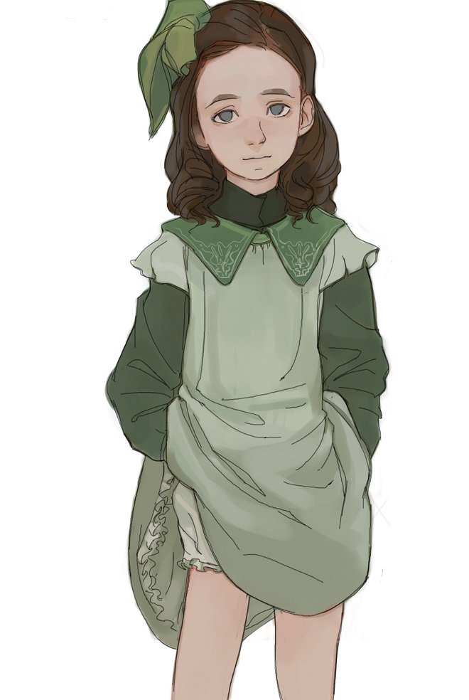 feason, sarah crewe, 1girl, a little princess, blue eyes, brown hair, dress, green dress, green ribbon, hair ribbon, looking at viewer, ribbon, simple background, white background