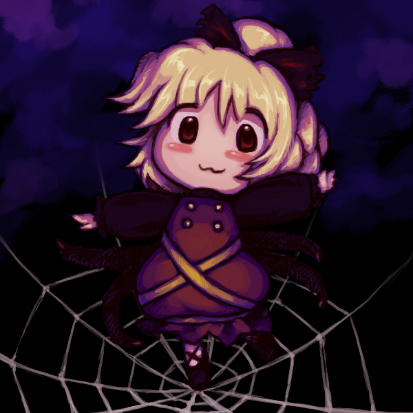 buranantoka, kurodani yamame, touhou, bad id, bad pixiv id, 1girl, :3, black background, blonde hair, bow, chibi, female focus, full body, gradient background, red eyes, short hair, silk, solo, spider web, standing