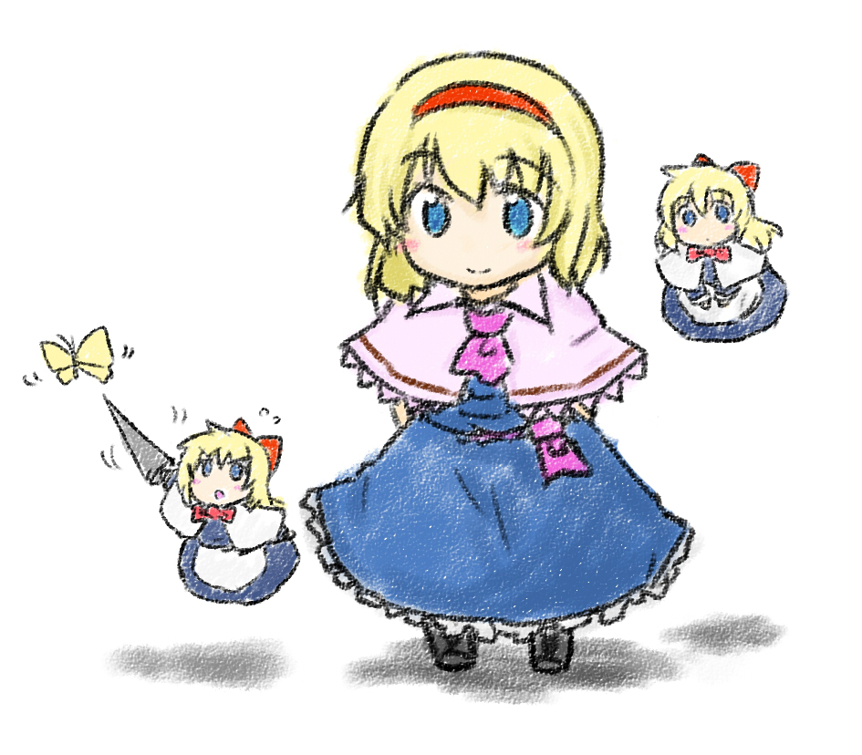 lysander z, alice margatroid, shanghai doll, touhou, traditional media, 1girl, blonde hair, blue eyes, bow, bug, butterfly, chibi, doll, female focus, hair bow, hairband, lance, polearm, short hair, solo, spear, weapon