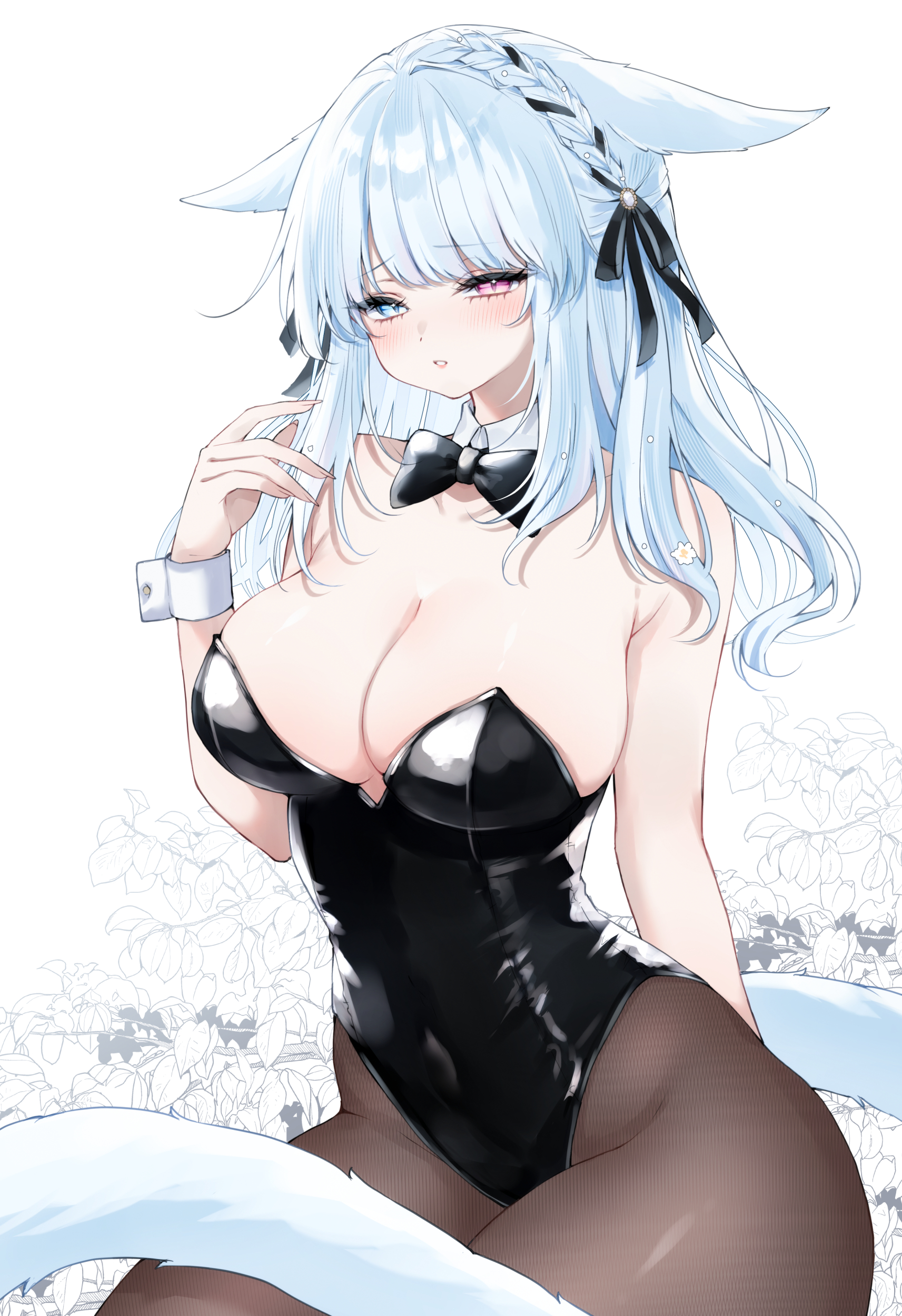 sana (sanamaru 0w0), warrior of light (ff14), final fantasy, final fantasy xiv, absurdres, commentary, highres, 1girl, animal ears, bare shoulders, black leotard, blue eyes, braid, breasts, cat ears, cat girl, cat tail, cleavage, detached collar, hair ribbon, heterochromia, large breasts, leotard, looking at viewer, miqo'te, pantyhose under leotard, parted lips, red eyes, ribbon, ribbon braid, solo, strapless, strapless leotard, tail, white hair