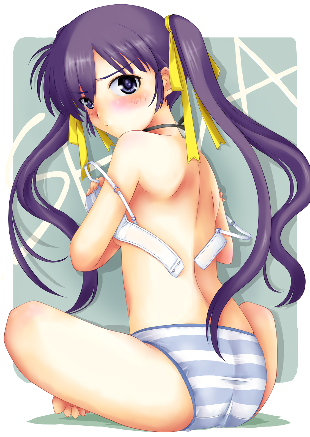 te28, original, highres, 1girl, barefoot, blush, bra, female focus, lingerie, panties, purple eyes, purple hair, sitting, solo, striped clothes, striped panties, toes, twintails, underwear, underwear only, undressing