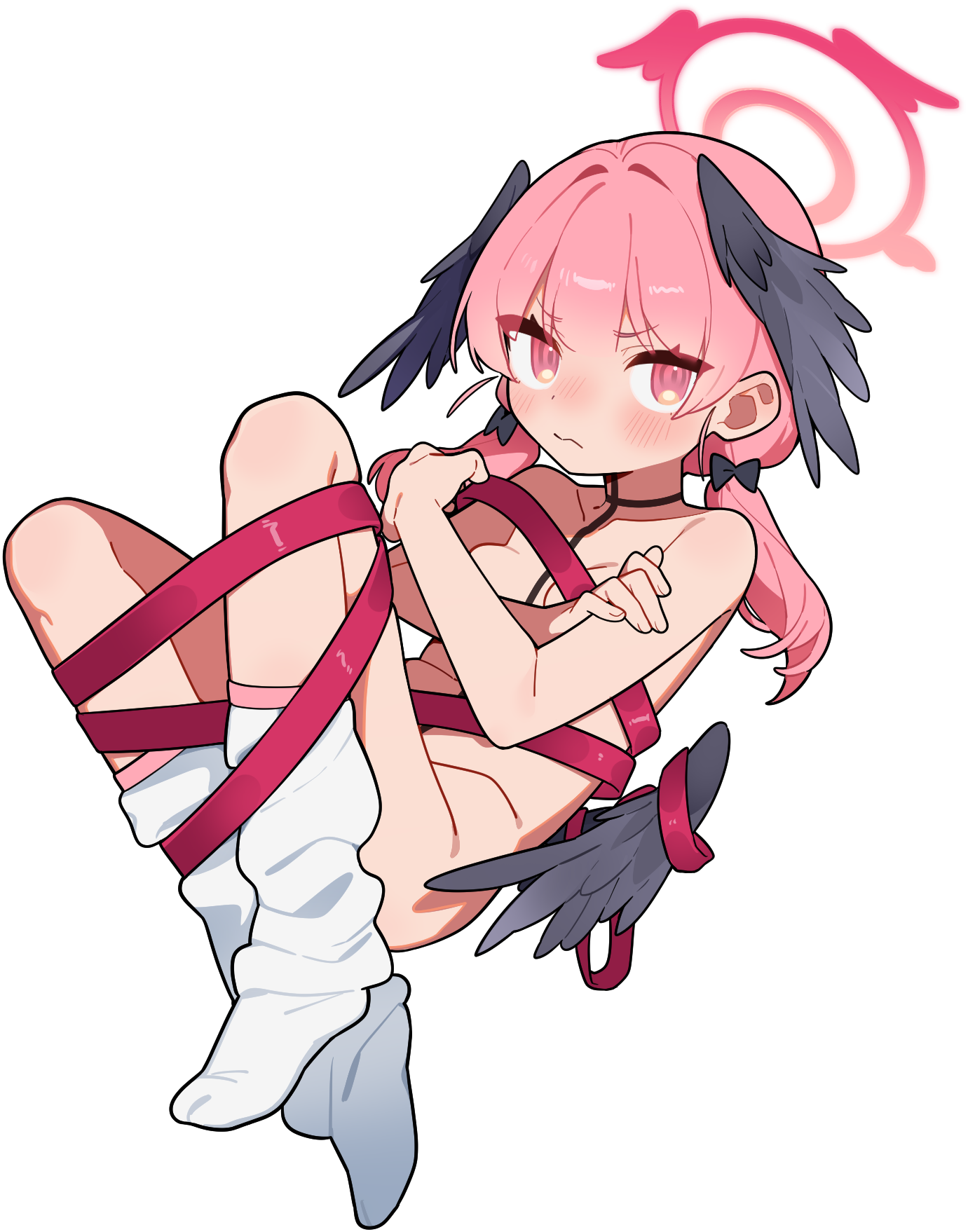futapi, koharu (blue archive), blue archive, highres, 1girl, angel wings, black wings, blush, breasts, closed mouth, covering breasts, covering privates, feathered wings, halo, head wings, long hair, looking at viewer, loose socks, low wings, naked ribbon, nude, pink eyes, pink hair, red ribbon, ribbon, socks, solo, transparent background, twintails, wings