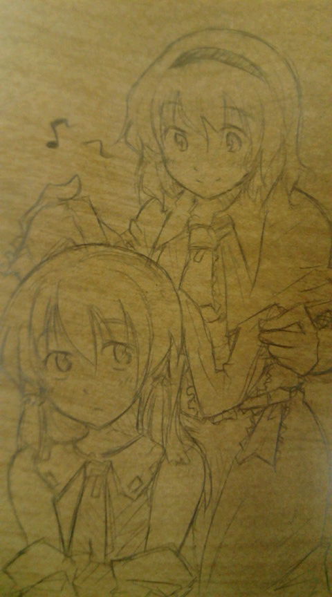 lysander z, alice margatroid, hakurei reimu, touhou, photo (medium), traditional media, detached sleeves, female focus, hairband, japanese clothes, miko, monochrome, musical note, short hair