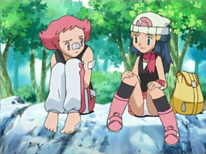 dawn (pokemon), maylene (pokemon), nintendo, pokemon, pokemon dppt, pink footwear, screencap, third-party edit, 00s, 2girls, backpack, bag, bandaid, bandaid on face, bandaid on nose, bare shoulders, barefoot, black socks, blue eyes, blue hair, boots, eye contact, feet, flat chest, forest, full body, gym leader, hair ornament, half updo, hands on own knees, hat, hugging own legs, kneehighs, knees up, light smile, long hair, looking at another, miniskirt, multiple girls, nature, outdoors, panties, pants, pantyshot, pink eyes, pink hair, rock, scarf, short hair, sidelocks, sitting, skirt, smile, socks, toes, tomboy, track pants, tree, underwear, white panties