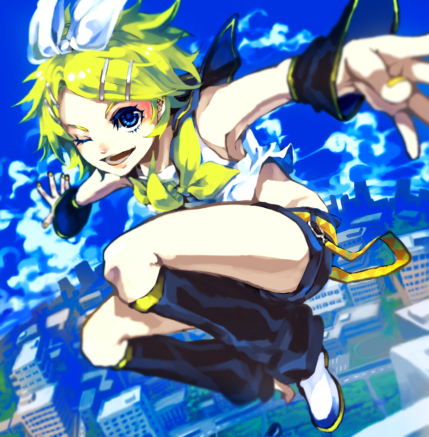 akiakane, kagamine rin, vocaloid, bad id, bad pixiv id, highres, 1girl, blonde hair, blue eyes, detached sleeves, female focus, hair ornament, hairclip, midriff, nail polish, short hair, short shorts, shorts, solo, yellow nails