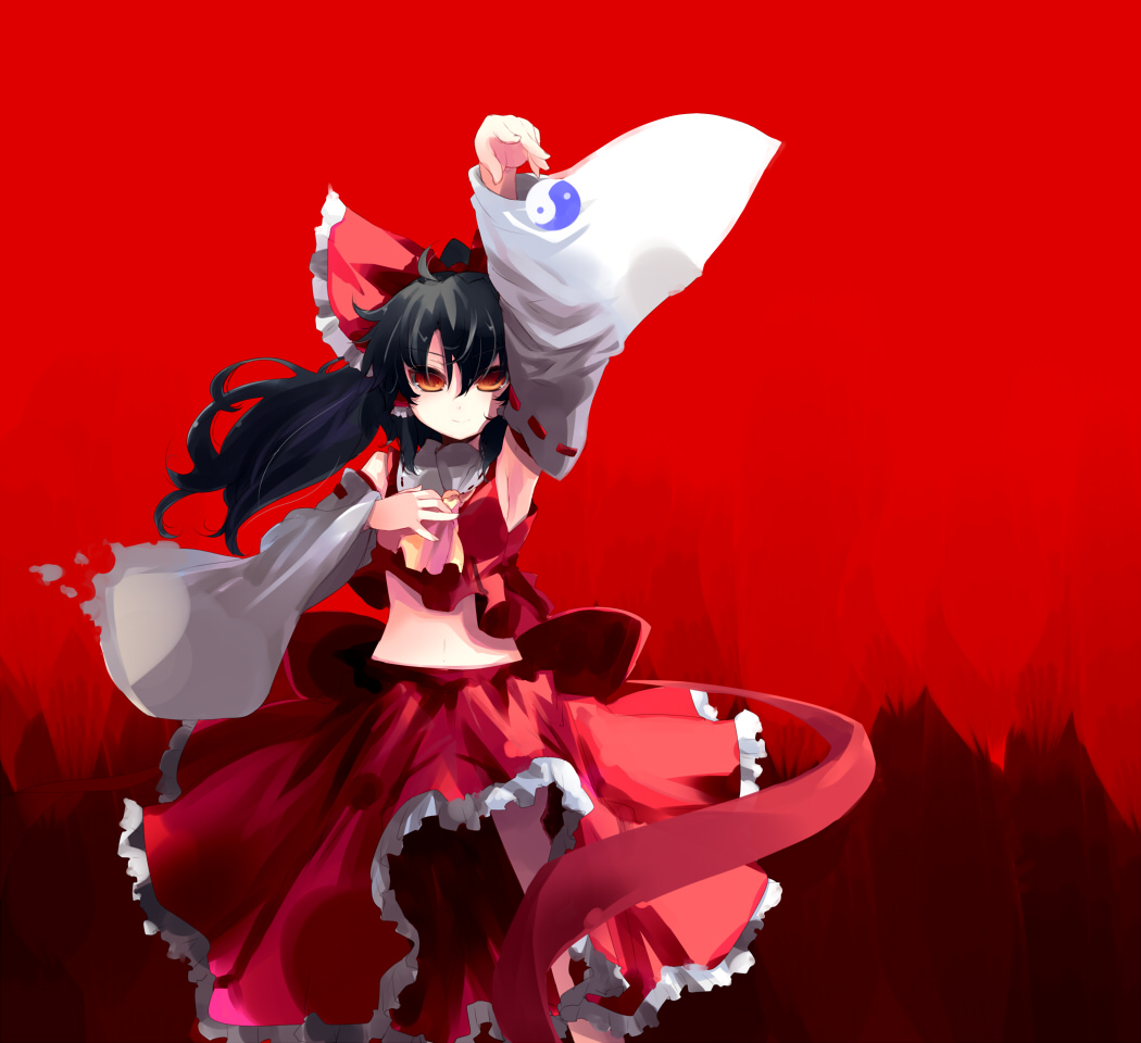 shin (new), hakurei reimu, touhou, 1girl, black hair, bow, detached sleeves, female focus, gradient background, japanese clothes, long hair, midriff, miko, orange eyes, skirt, solo, yin yang