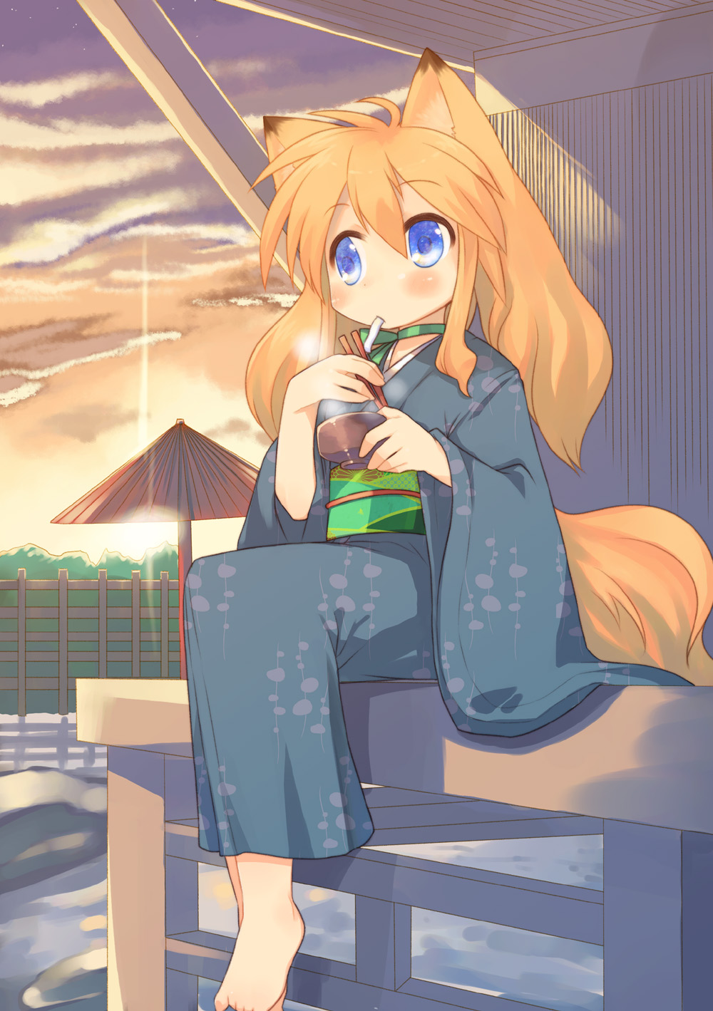 toba hiyoko, original, highres, 1girl, animal ears, barefoot, blonde hair, blue eyes, blush, bowl, chopsticks, eating, evening, feet, female focus, food, fox ears, fox tail, japanese clothes, kimono, neck ribbon, noodles, ribbon, sitting, solo, sunset, tail, udon, veranda, yukata