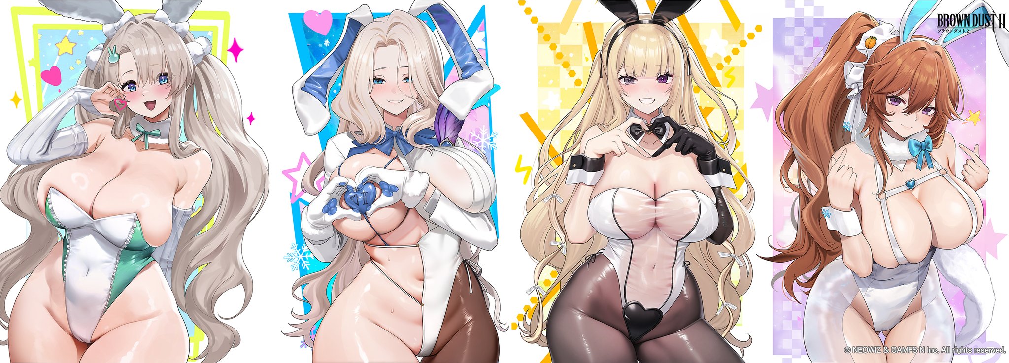 teddypocky, darian silverstein, eleaneer (brown dust 2), tyr (brown dust), zenith (brown dust), brown dust (series), brown dust 2, highres, official art, 4girls, animal ears, bare shoulders, blonde hair, blue eyes, blush, breasts, brown hair, cleavage, closed mouth, collarbone, covered navel, detached collar, detached sleeves, fake animal ears, gloves, hair between eyes, hair ornament, heart, heart hands, heart pasties, highleg, highleg leotard, large breasts, leotard, long hair, looking at viewer, multiple girls, nontraditional playboy bunny, o-ring, open mouth, pantyhose, pasties, playboy bunny, ponytail, purple eyes, rabbit ears, see-through clothes, see-through leotard, skindentation, smile, snowflakes, sparkle, star (symbol), strapless, strapless leotard, twintails, two side up, white hair, white leotard, wrist cuffs
