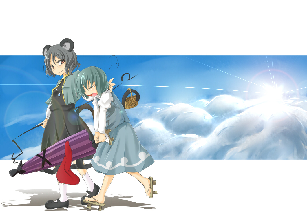 aki (akikaze asparagus), autumn (artist), nazrin, tatara kogasa, touhou, 2girls, animal ears, basket, blue hair, female focus, geta, grey hair, jewelry, karakasa obake, mouse ears, mouse tail, multiple girls, pendant, red eyes, sandals, short hair, tail, tears, tongue, umbrella