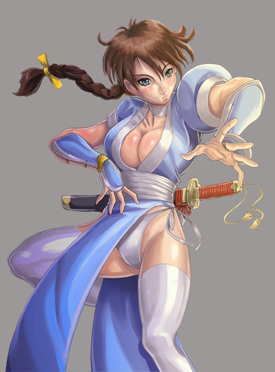 armycom, kasumi (doa), dead or alive, tecmo, 1girl, blue eyes, braid, breasts, brown hair, cleavage, female focus, large breasts, pelvic curtain, sheath, sheathed, single braid, solo, sword, thighhighs, weapon