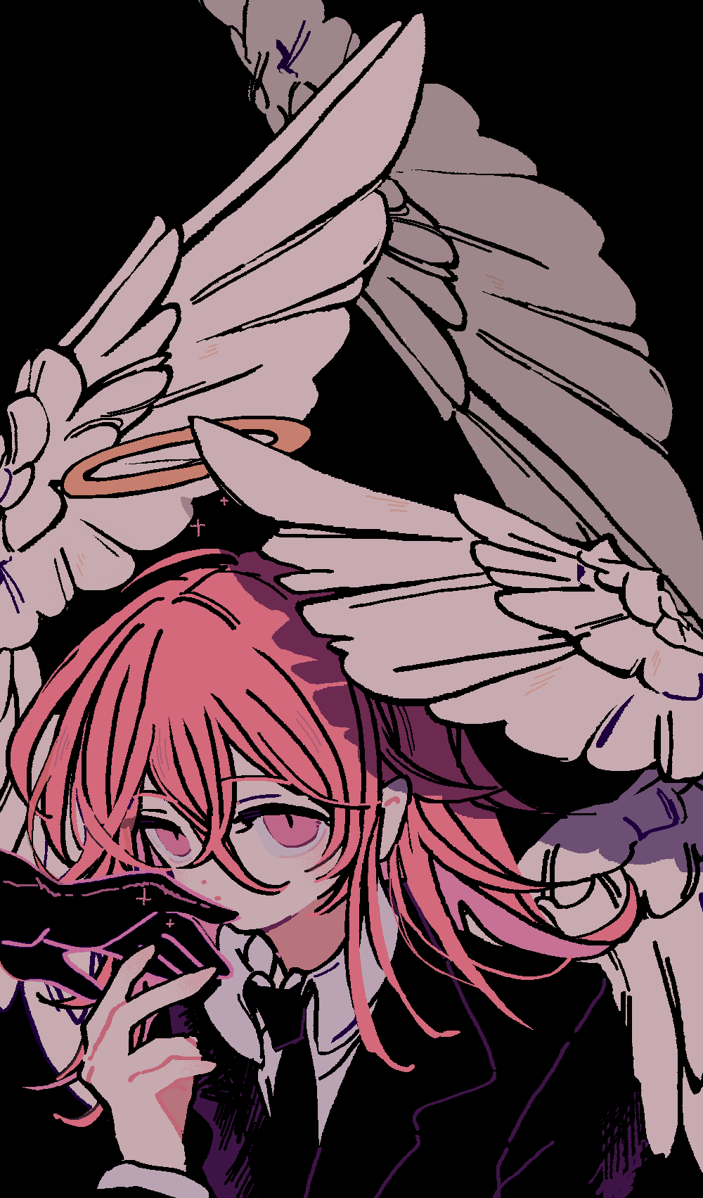 reed, angel devil (chainsaw man), chainsaw man, commentary, highres, 1boy, angel, angel wings, black background, black jacket, black necktie, closed mouth, halo, hand up, jacket, long hair, long sleeves, male focus, necktie, out of frame, red eyes, red hair, simple background, solo focus, traditional halo, upper body, wings