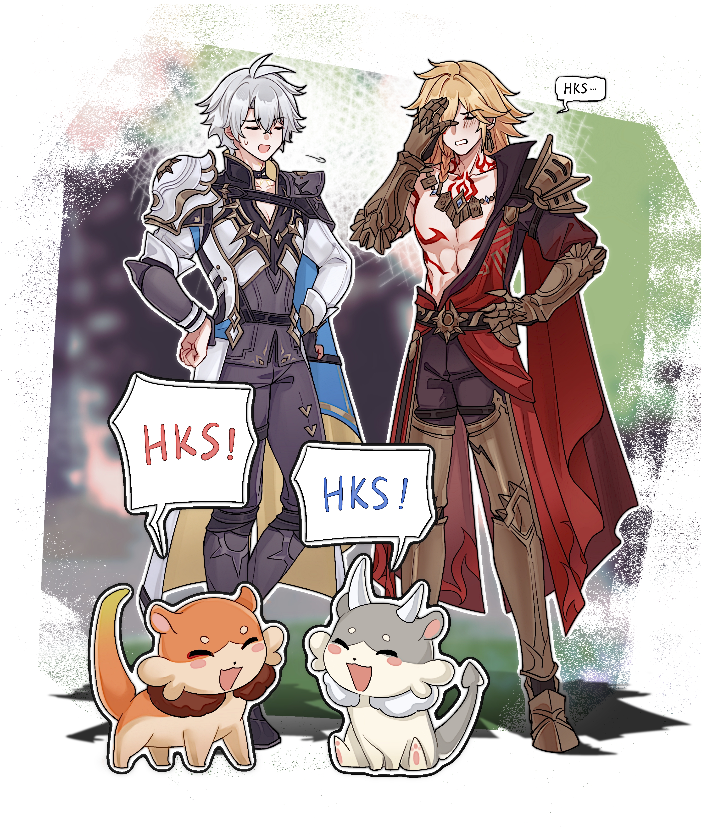 chimera (honkai: star rail), mydei (fig stew) (honkai: star rail), mydei (honkai: star rail), phainon (honkai: star rail), phainon (vigethos) (honkai: star rail), honkai: star rail, honkai (series), absurdres, chinese commentary, commentary request, highres, 2boys, anrupanshi66579, antenna hair, arm tattoo, armlet, armor, armored boots, black choker, black coat, black pants, black shirt, blonde hair, boots, braid, chest tattoo, choker, clawed gauntlets, closed eyes, coat, earrings, embarrassed, facial tattoo, gold earrings, gold necklace, gradient hair, jewelry, male focus, medium hair, multicolored hair, multiple boys, neck tattoo, necklace, open clothes, open coat, pants, parted bangs, pauldrons, red hair, red tattoo, shirt, short hair, shoulder armor, side braid, sigh, single pauldron, sun symbol, sun tattoo, tan, tattoo, white coat, white hair