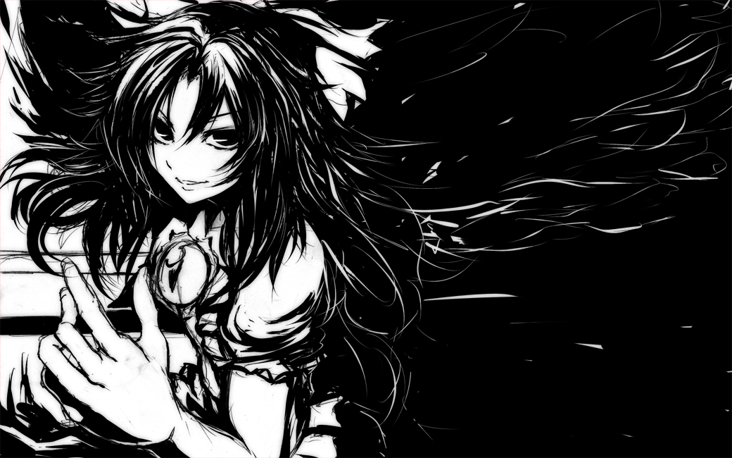 iwamoto eiri, reiuji utsuho, touhou, bad id, bad pixiv id, 1girl, female focus, greyscale, high contrast, monochrome, solo, wings