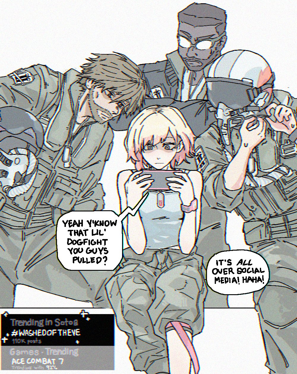 heartbreak juan, ace combat, ace combat 7, commentary, english commentary, highres, 1girl, 3boys, ace combat 8, beard, blonde hair, brown hair, closed mouth, dark-skinned male, dark skin, dog tags, english text, facial hair, glasses, gradient hair, green jacket, green pants, helmet, holding, holding unworn helmet, jacket, multicolored hair, multiple boys, noise (ace combat), pants, pilot helmet, pink hair, professor (ace combat), rex (ace combat), shaded face, short hair, speech bubble, sweat, tank top, tasha (ace combat), unworn headwear, unworn helmet, watch, white background, white tank top, wristwatch