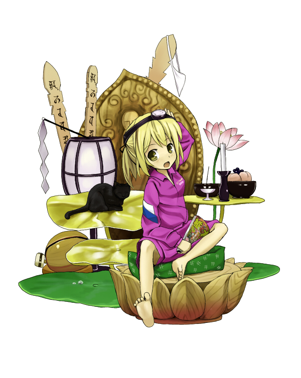hidebo, original, bad id, bad pixiv id, barefoot, blonde hair, feet, flower, hand fan, holding, holding fan, solo, yellow eyes