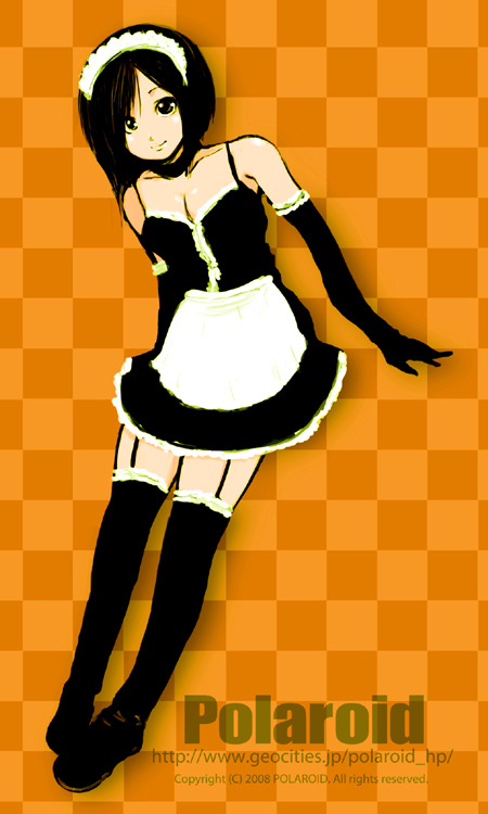 junta, junta (polaroid), bad id, bad pixiv id, 00s, 1girl, 2008, apron, black eyes, black gloves, black hair, black thighhighs, breasts, checkered background, cleavage, dress, elbow gloves, female focus, garter straps, gloves, lace, maid, maid apron, maid headdress, medium breasts, orange background, short hair, solo, thighhighs, watermark, web address