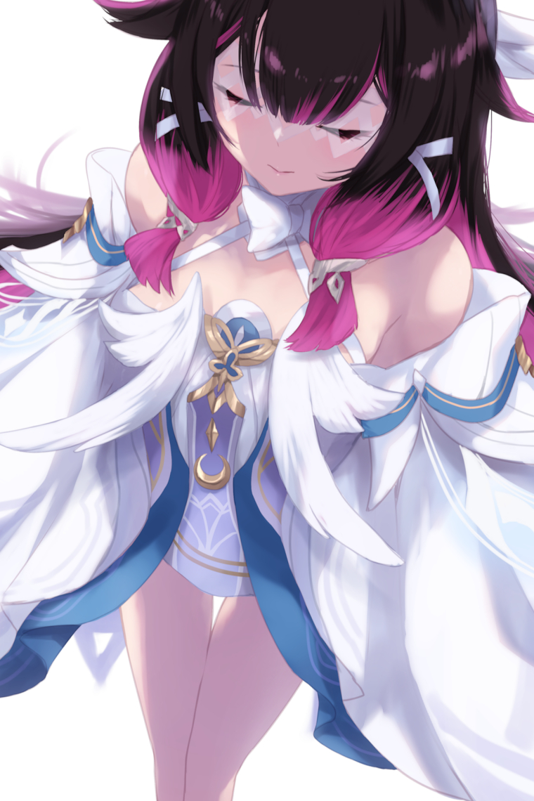 cait aron, columbina (genshin impact), genshin impact, commentary request, 1girl, black hair, closed eyes, closed mouth, dress, long hair, long sleeves, multicolored hair, pink hair, simple background, smile, solo, standing, thigh gap, thighs, two-tone hair, white background, white dress