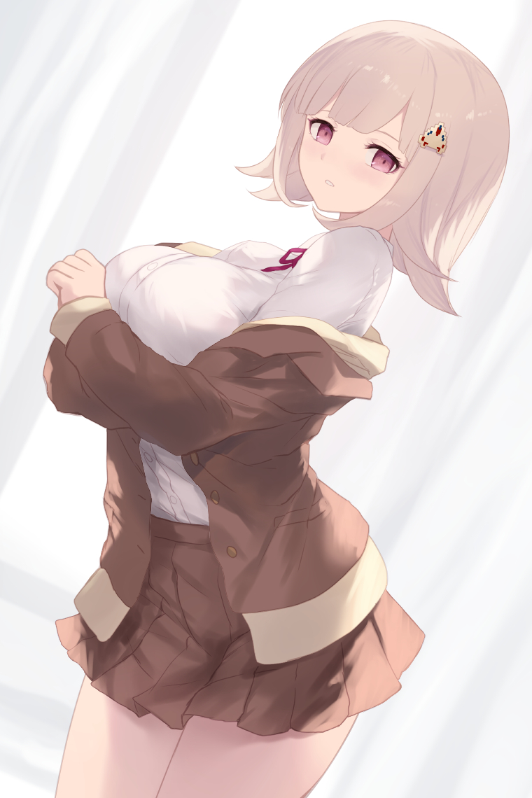 cait aron, nanami chiaki, danganronpa (series), danganronpa 2: goodbye despair, commentary request, 1girl, brown hair, brown jacket, brown skirt, hair ornament, jacket, long sleeves, looking at viewer, pleated skirt, purple eyes, school uniform, shirt, short hair, skirt, solo, standing, thighs, white shirt