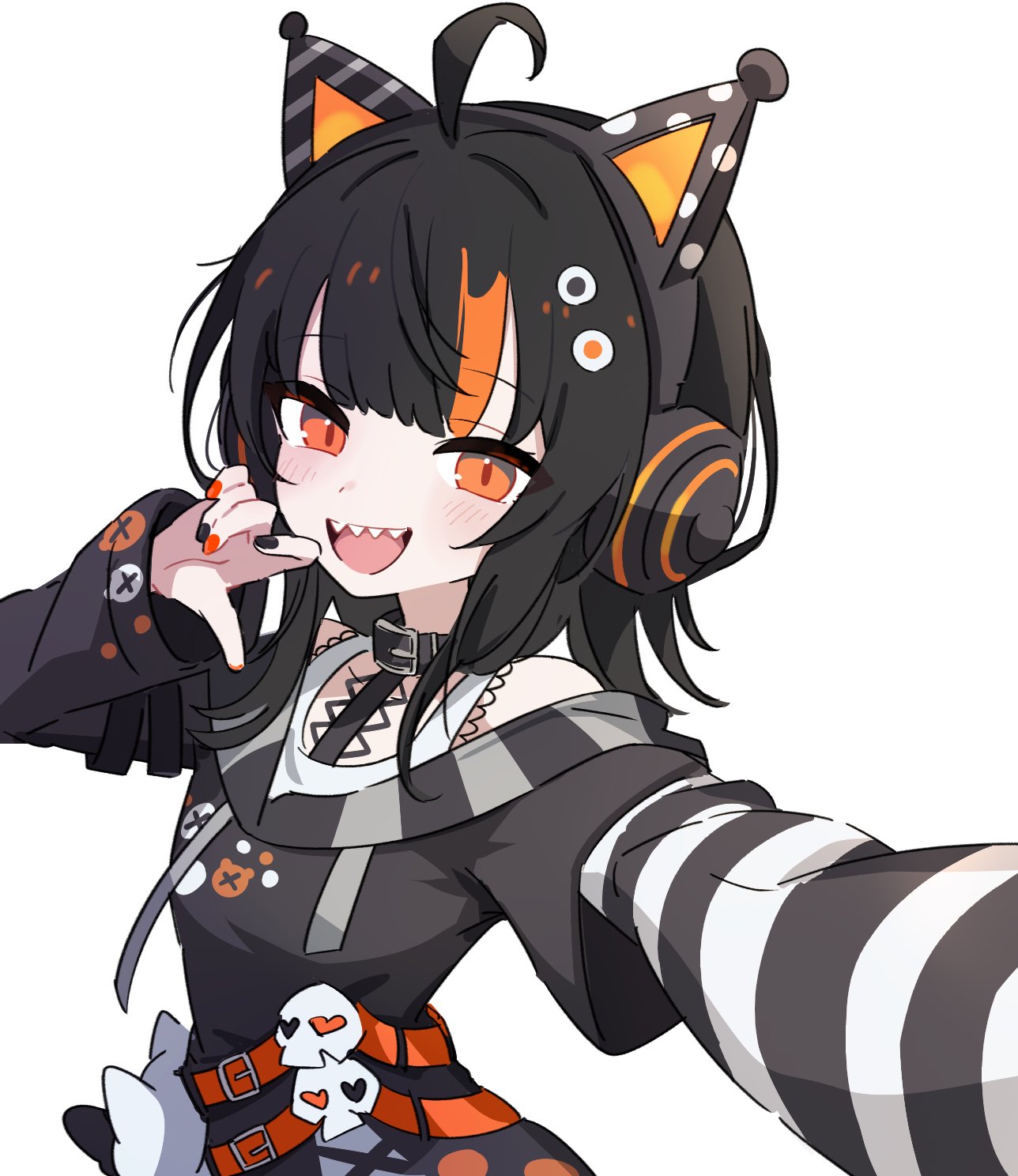 waipiiy, sawatari coco, mahou shoujo no majo saiban, commentary request, highres, 1girl, :d, ahoge, animal ear headphones, animal ears, black collar, black hair, black sweater, cat ear headphones, cat ears, collar, fake animal ears, headphones, heart, long hair, long sleeves, looking at viewer, multicolored hair, nail polish, open mouth, orange eyes, sharp teeth, simple background, skull, smile, solo, streaked hair, sweater, teeth, upper body, white background