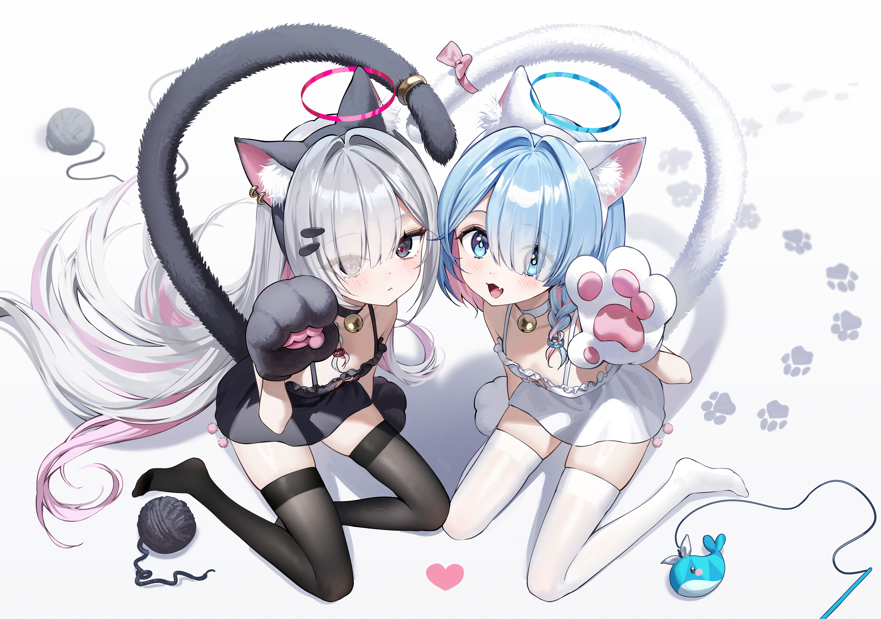 ayoni 623, xo (xo17800108), arona (blue archive), plana (blue archive), blue archive, absurdres, commentary request, highres, 2girls, alternate costume, animal ears, animal hands, bell, black choker, black dress, black eyes, black gloves, black thighhighs, blue eyes, blue hair, blue halo, cat ears, cat tail, choker, colored inner hair, dress, fake animal ears, fake tail, from above, gloves, grey hair, hair over one eye, halo, jingle bell, long hair, looking at viewer, multicolored hair, multiple girls, neck bell, open mouth, paw gloves, paw print, pink hair, red halo, red pupils, short hair, smile, tail, thighhighs, two-tone hair, very long hair, white choker, white dress, white gloves, white thighhighs