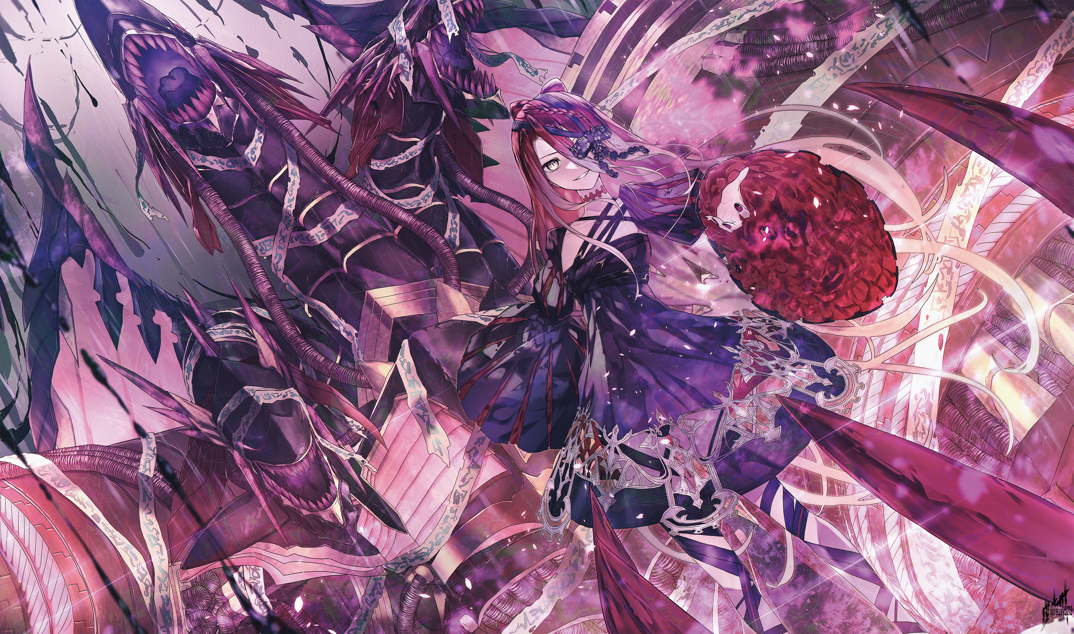 reluvy, typhon ephemeros (fate), typhon ephemeros (second ascension) (fate), fate/grand order, fate (series), absurdres, highres, 1girl, black dress, bow, braid, breasts, choker, dragon, dress, hair between eyes, long hair, long sleeves, looking at viewer, red hair, small breasts, smile, thigh strap, typhon (fate), very long hair, wide sleeves, yellow eyes