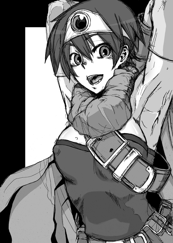shindol, roto (dq3), chunsoft, dragon quest, dragon quest iii, enix, 1girl, :d, armpits, arms behind head, arms up, bare shoulders, belt, belt pouch, border, breasts, cape, circlet, covered erect nipples, elbow gloves, female focus, gloves, greyscale, jewelry, monochrome, open mouth, pouch, short hair, sketch, small breasts, smile, solo, strapless, tube top