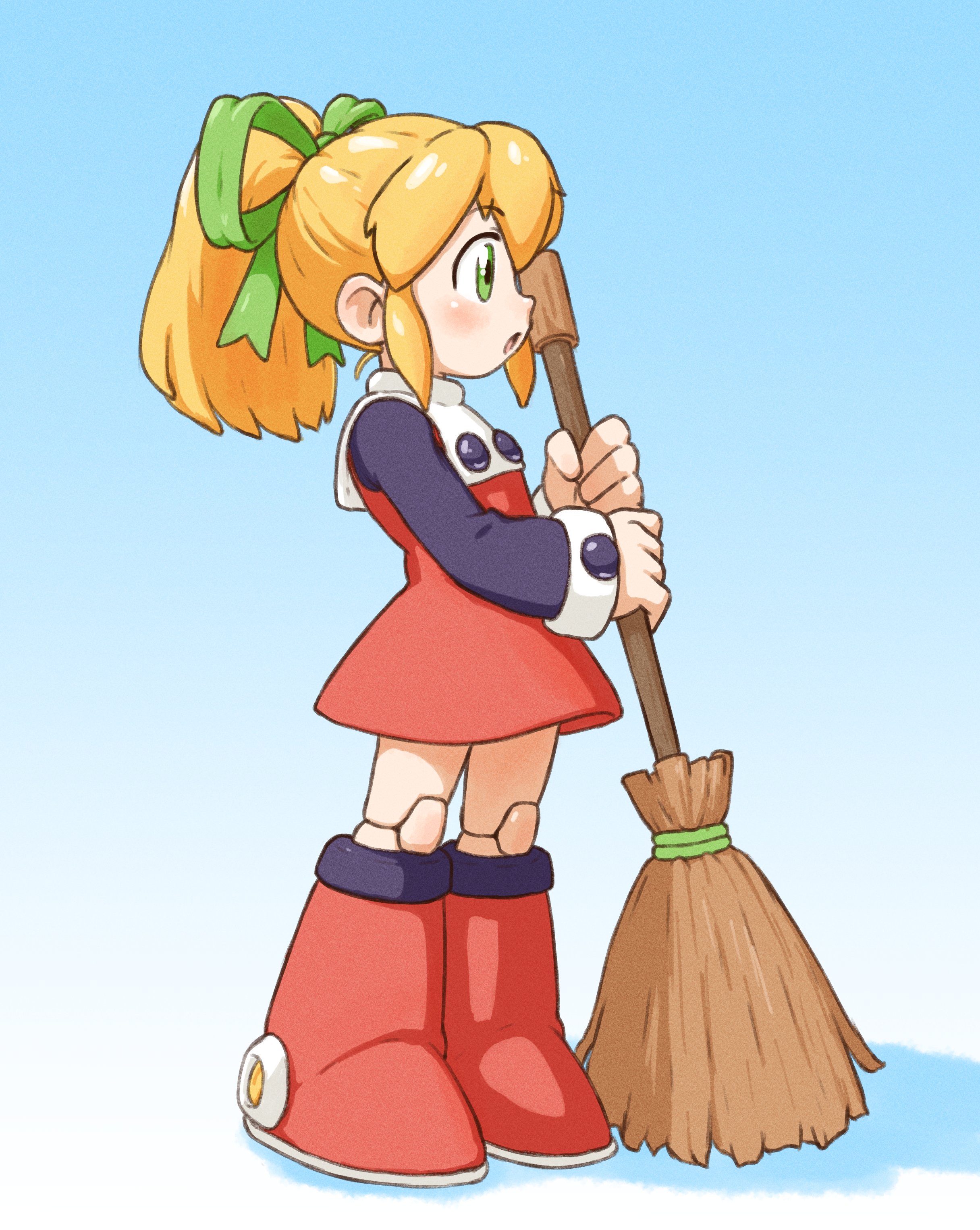 beachepisode, roll (mega man), mega man (classic), mega man (series), absurdres, highres, 1girl, android, blonde hair, blue background, broom, dress, from side, full body, gradient background, green eyes, green hair, green ribbon, hair ribbon, high ponytail, holding, holding broom, joints, long sleeves, mechanical boots, open mouth, parted lips, ponytail, red dress, ribbon, robot girl, robot joints, sidelocks, simple background, solo, standing
