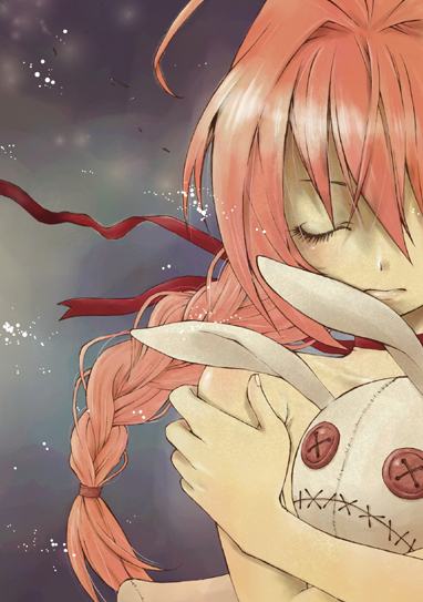 15kuroko, vita (nanoha), lyrical nanoha, mahou shoujo lyrical nanoha, mahou shoujo lyrical nanoha a's, 00s, 1girl, braid, closed eyes, female focus, hug, long hair, nude, rabbit, red hair, ribbon, solo, stuffed animal, stuffed rabbit, stuffed toy