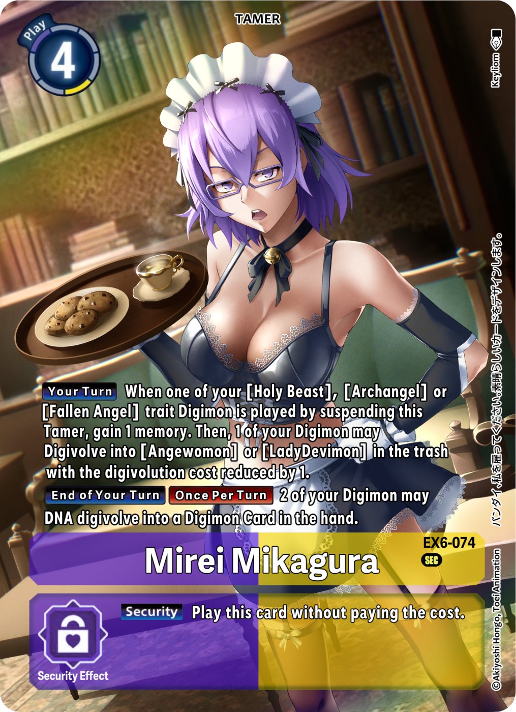 keyliom, mikagura mirei, digimon, digimon world re:digitize, highres, 1girl, apron, artist name, bare shoulders, biscuit (bread), black bra, black skirt, black sleeves, bra, breasts, card (medium), cleavage, collarbone, cowboy shot, cup, detached sleeves, english text, fake trading card, glasses, gloves, hand on own hip, holding, holding tray, indoors, large breasts, maid, maid headdress, no shirt, purple eyes, purple hair, short hair, skirt, solo, tea, tray, underwear, white apron, white gloves