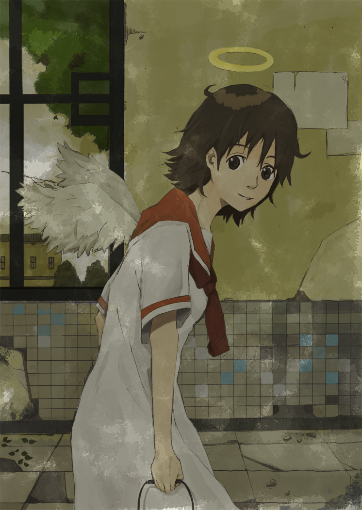 110 gou, rakka (haibane renmei), haibane renmei, bad id, bad pixiv id, 00s, brown eyes, brown hair, dress, halo, messy hair, sailor dress, short hair, solo, traditional halo, wings