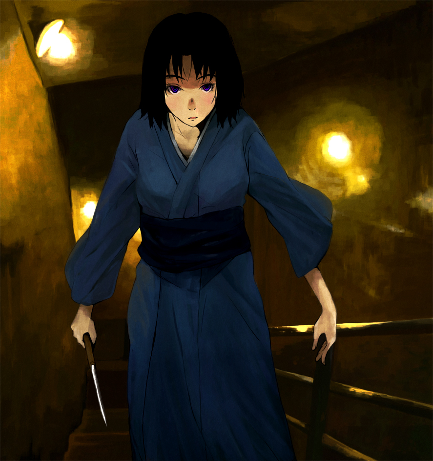 110 gou, ryougi shiki, kara no kyoukai, bad id, bad pixiv id, black hair, bob cut, japanese clothes, kimono, knife, purple eyes, short hair, solo, stairs