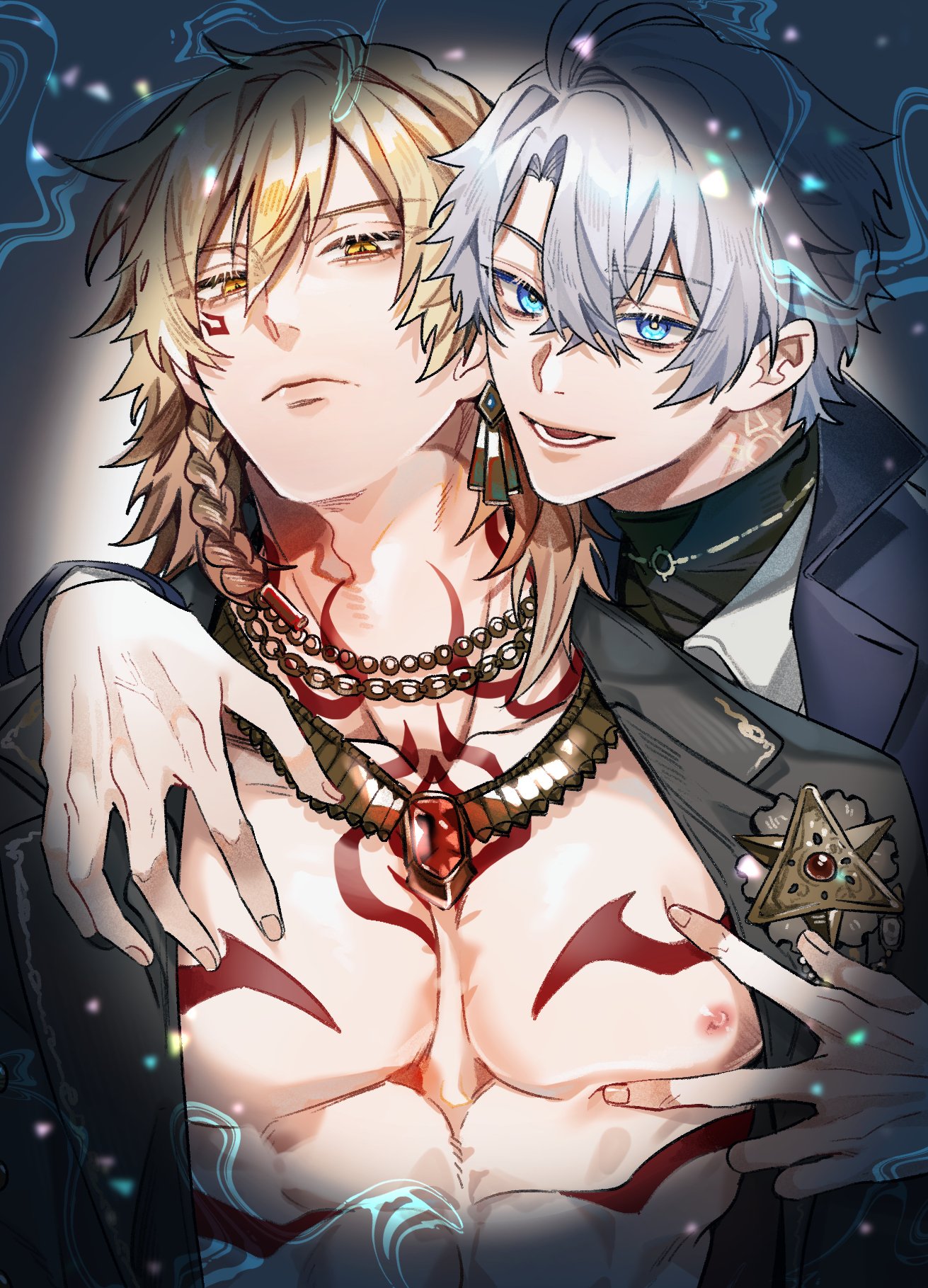 mydei (honkai: star rail), phainon (honkai: star rail), honkai: star rail, honkai (series), commentary request, highres, 2boys, antenna hair, bare pectorals, black jacket, black sweater, blonde hair, blue coat, blue eyes, braid, chest tattoo, coat, collared shirt, earrings, facial tattoo, gem, gold earrings, gold necklace, gradient hair, jacket, jewelry, large pectorals, male focus, medium hair, multicolored hair, multiple boys, mydei (nylon japan) (honkai: star rail), necklace, official alternate costume, open clothes, open jacket, parted bangs, pectorals, phainon (nylon japan) (honkai: star rail), pockycitystar, red gemstone, red hair, red tattoo, shirt, short hair, side braid, sweater, tattoo, turtleneck, turtleneck sweater, white hair, white shirt, yaoi, yellow eyes