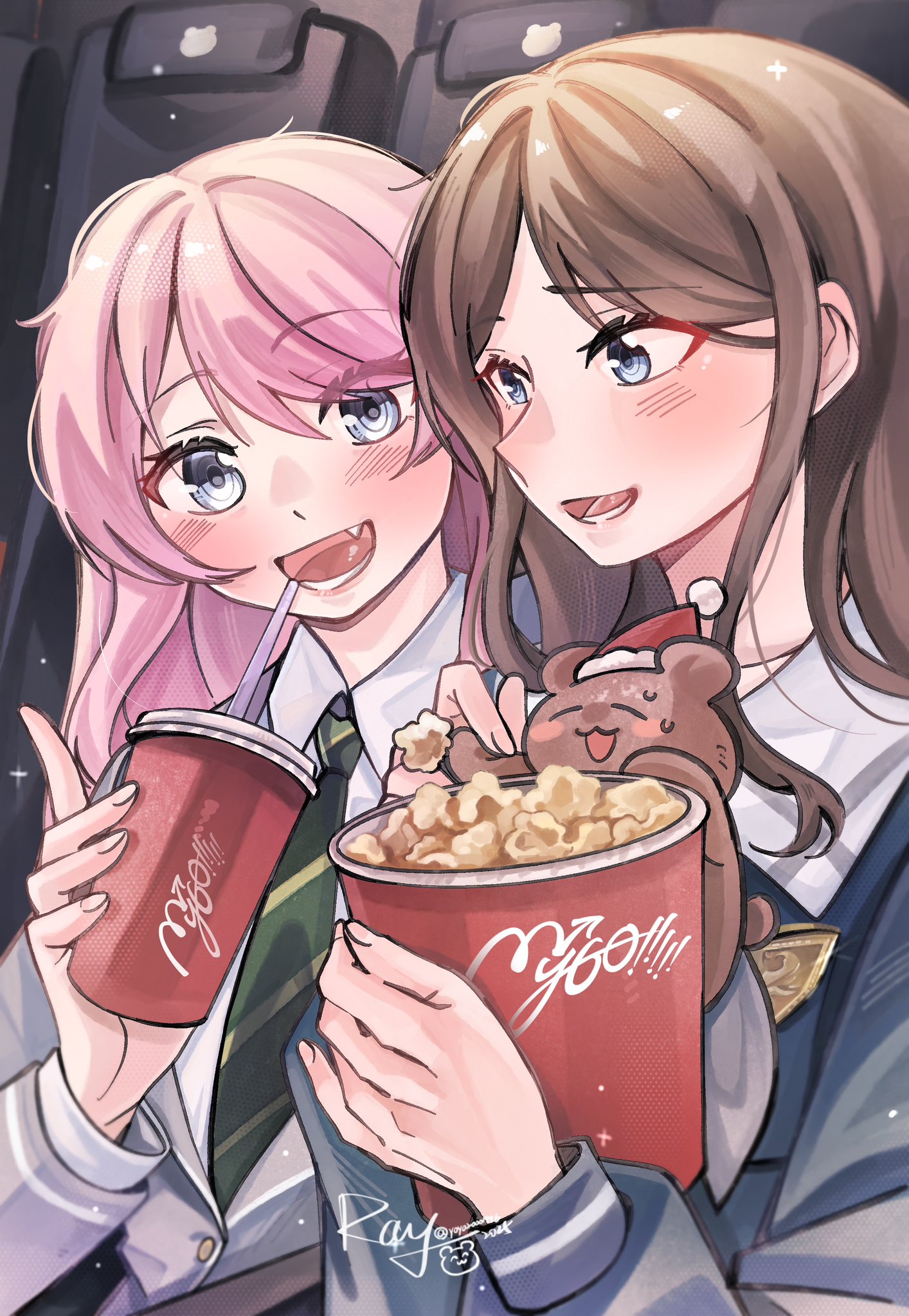 yoyoray20001996, chihaya anon, nagasaki soyo, bang dream!, bang dream! it's mygo!!!!!, chinese commentary, commentary request, highres, 2girls, blue shirt, blush, brown hair, diagonal-striped clothes, diagonal-striped necktie, fang, food, green necktie, grey eyes, grey jacket, haneoka school uniform, jacket, long hair, long sleeves, multiple girls, mygo!!!!! logo (bang dream!), necktie, open mouth, pink hair, popcorn, school uniform, shirt, sidelocks, striped clothes, teeth, tsukinomori school uniform