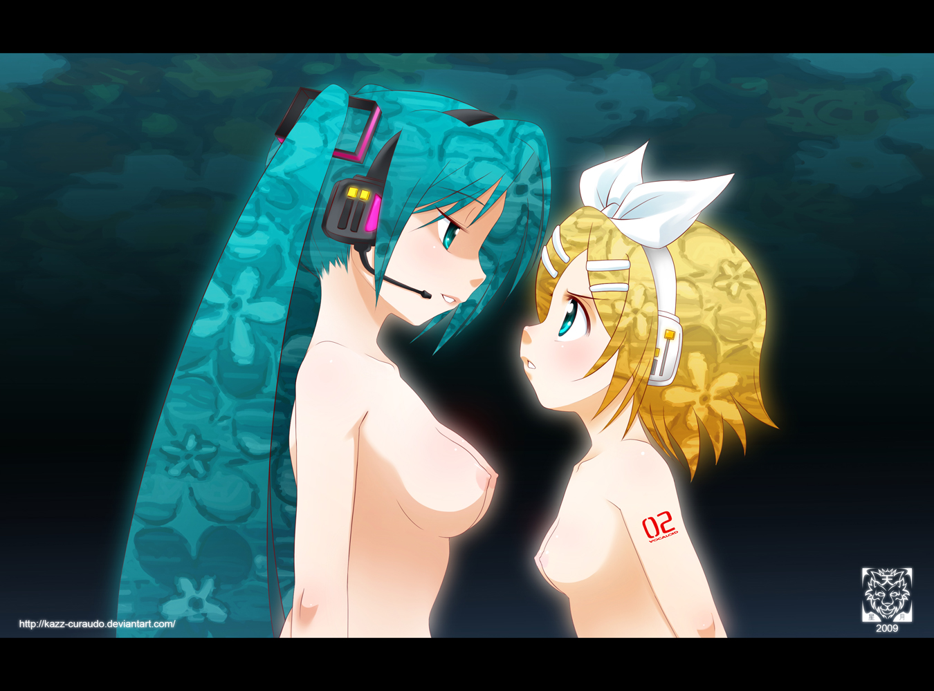 cloudxmoe, hatsune miku, kagamine rin, vocaloid, vocaloid2, 2girls, aqua eyes, aqua hair, arms at sides, bare arms, bare shoulders, blonde hair, breasts, eye contact, female focus, green hair, hair ornament, hairclip, headphones, headset, height difference, long hair, looking at another, medium breasts, multiple girls, neck, nipples, nude, parted lips, short hair, smile, standing, tattoo, twintails, upper body, yuri