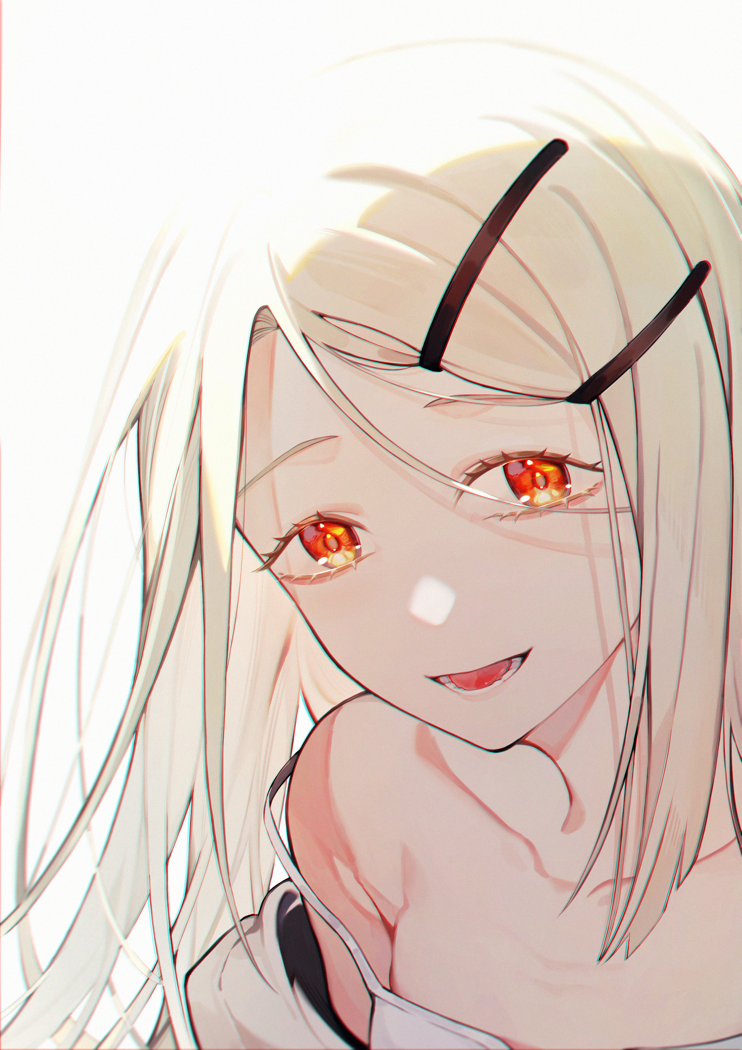 saber qvq, shinosawa hiro, gakuen idolmaster, idolmaster, absurdres, highres, 1girl, backlighting, bags under eyes, bare shoulders, blonde hair, camisole, collarbone, hair ornament, hairclip, long hair, looking at viewer, off shoulder, open mouth, orange eyes, parallel hairclips, parted bangs, shade, solo, strap slip, upper body, white background, white camisole