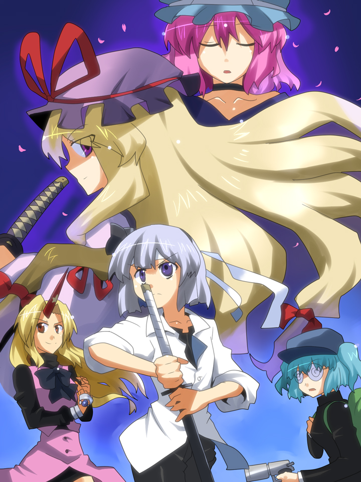 akatoro (nightlord), toro (pixiv), asagi rumina, chelsea rorec, hoshiguma yuugi, isuzu ginosuke, kawashiro nitori, konpaku youmu, saigyouji yuyuko, yakumo yukari, tokyo underground, touhou, 5girls, asagi rumina (cosplay), chelsea rorec (cosplay), cosplay, female focus, hat, horns, isuzu ginosuke (cosplay), multiple girls, single horn, two side up