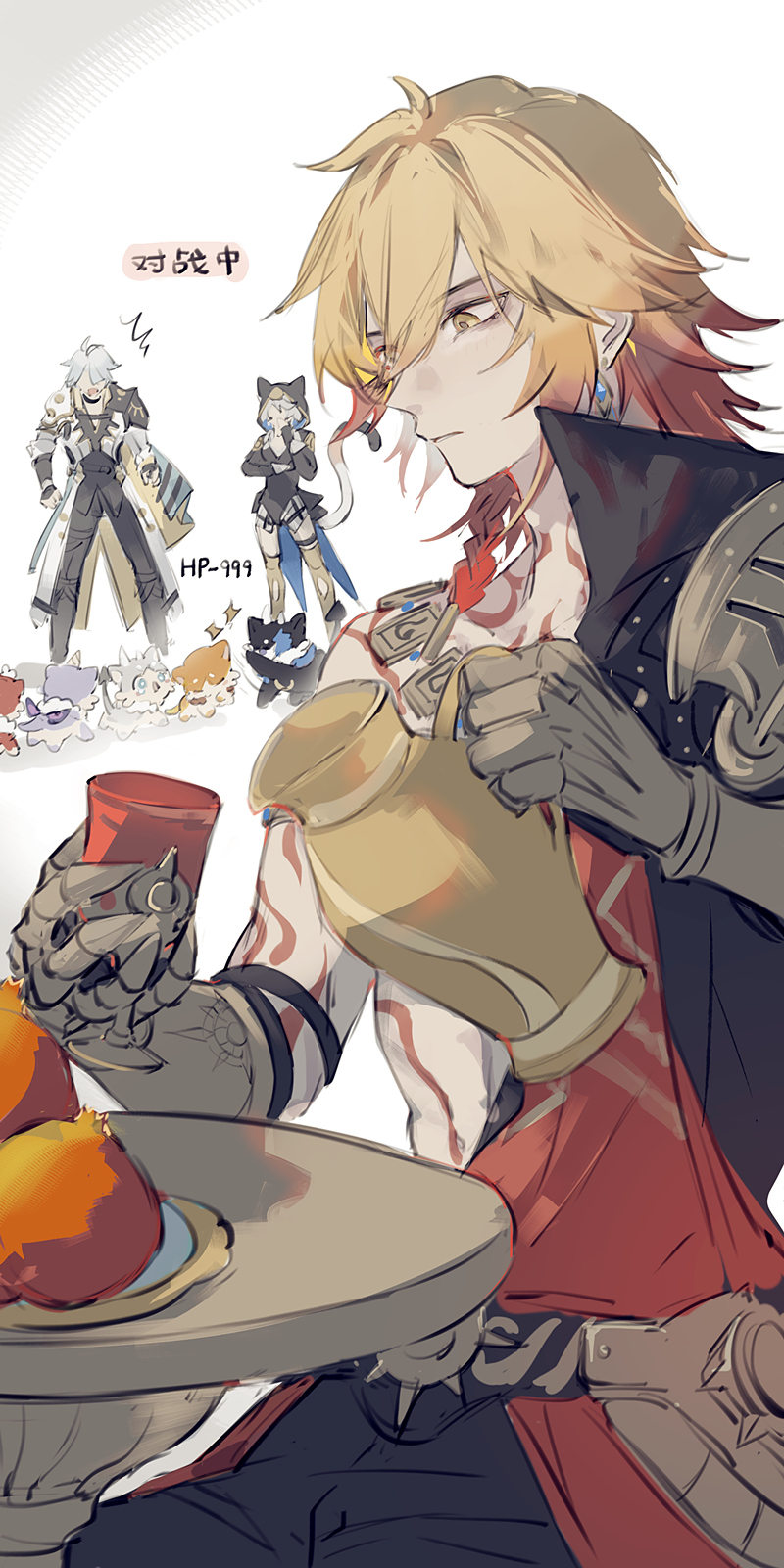 mississipping, castorice (butterfly cake) (honkai: star rail), castorice (honkai: star rail), chimera (honkai: star rail), flame reaver of the deepest dark, mydei (fig stew) (honkai: star rail), mydei (honkai: star rail), phainon (honkai: star rail), phainon (vigethos) (honkai: star rail), tribbie (honey brew) (honkai: star rail), tribbie (honkai: star rail), honkai: star rail, honkai (series), highres, 1girl, 2boys, animal hood, antenna hair, arm tattoo, armlet, armor, asymmetrical horns, black coat, black pants, black shirt, blonde hair, braid, cat girl, cat tail, chest tattoo, clawed gauntlets, coat, cup, earrings, facial tattoo, gold earrings, gold necklace, gradient hair, holding, holding cup, hood, hooded jacket, horns, jacket, jewelry, male focus, medium hair, multicolored hair, multiple boys, necklace, open clothes, open coat, pants, parted bangs, pauldrons, red hair, red tattoo, shirt, short hair, shoulder armor, side braid, single pauldron, tail, tattoo, white coat, white hair, yellow eyes