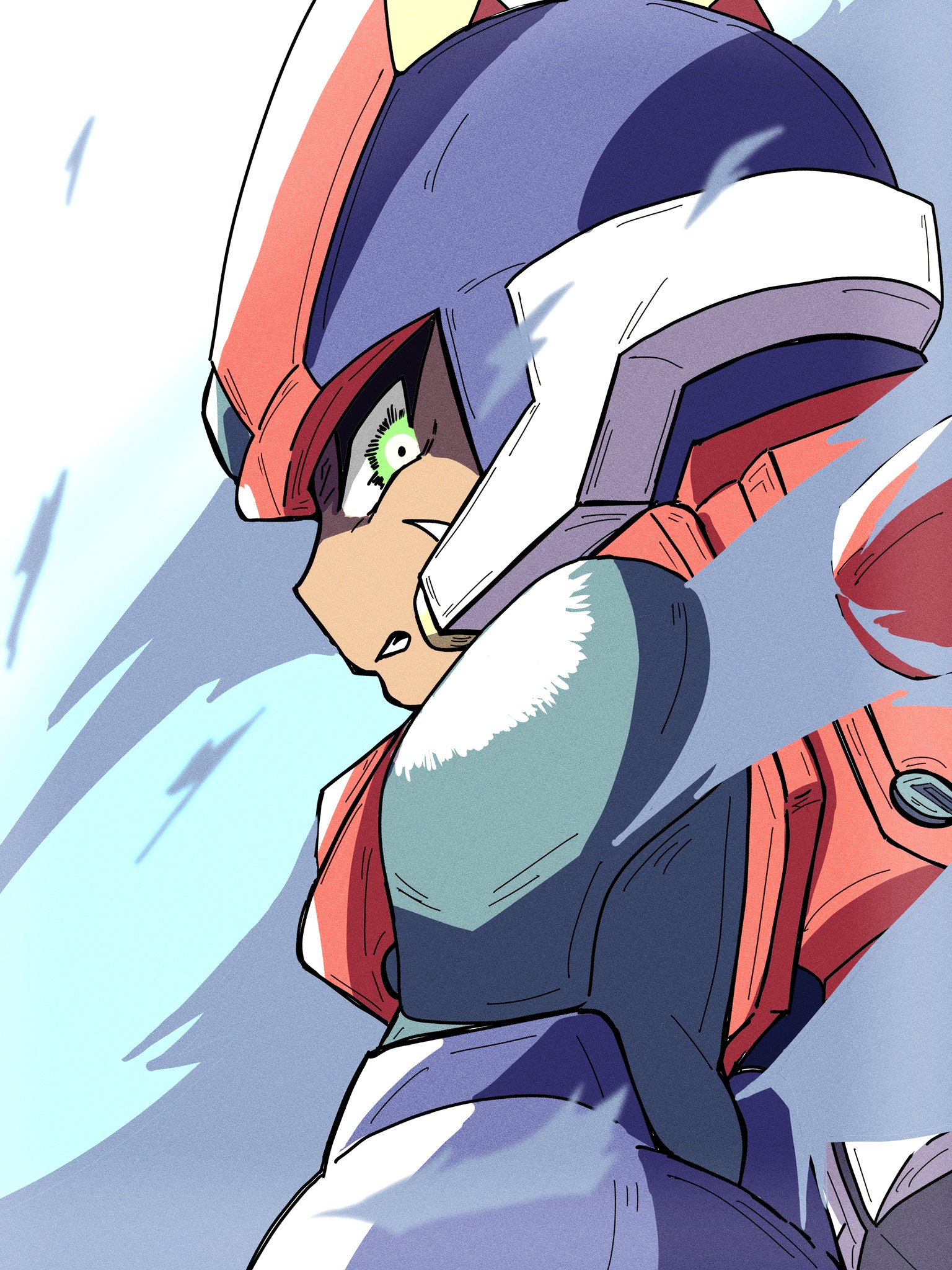 zmts12gshokew, grey (mega man), mega man (series), mega man zx, mega man zx advent, highres, 1boy, armor, black helmet, clenched teeth, from behind, green eyes, helmet, looking at viewer, male focus, red armor, red helmet, scar, scar on face, solo, teeth, upper body