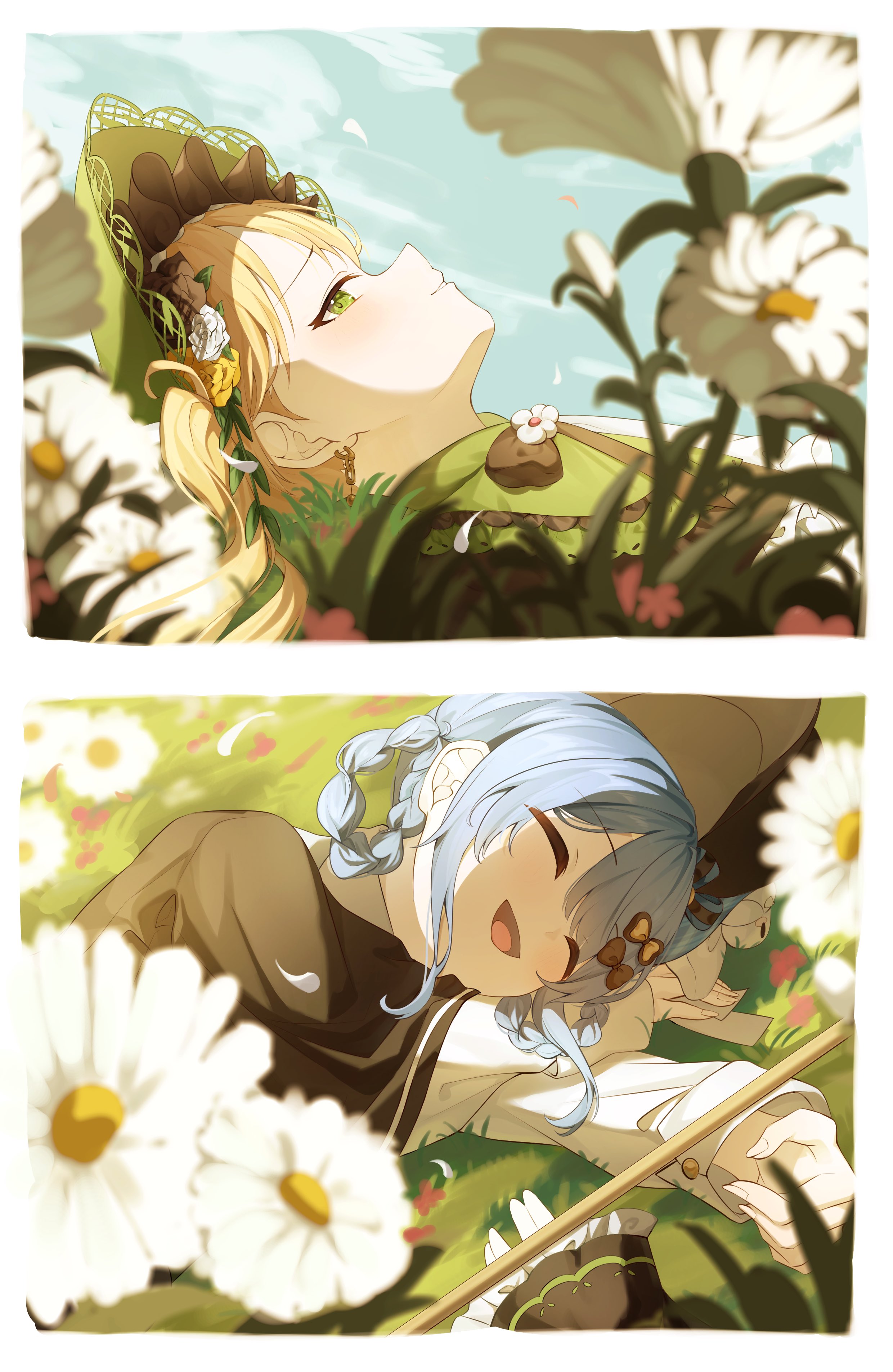 ka po su, tachibana sherry, tono hanna, mahou shoujo no majo saiban, absurdres, commentary request, highres, 2girls, black hat, blonde hair, blue hair, blue sky, bonnet, braid, braided hair rings, closed eyes, day, flower, grass, green eyes, hair rings, hat, lolita fashion, long hair, lying, multiple girls, on back, on grass, on side, open mouth, outdoors, profile, short hair, sky, smile, twintails, upper body, white flower