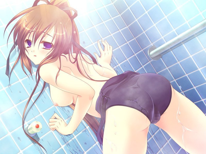 satou satoru, irie mitsuki, tsukushite ageru no ni!, game cg, 1girl, against wall, bath, bathroom, breasts, brown hair, censored, clothes pull, clothing aside, female focus, long hair, medium breasts, mosaic censoring, nipples, one-piece swimsuit, one-piece swimsuit pull, ponytail, purple eyes, showering, solo, swimsuit, swimsuit aside, topless female, wet