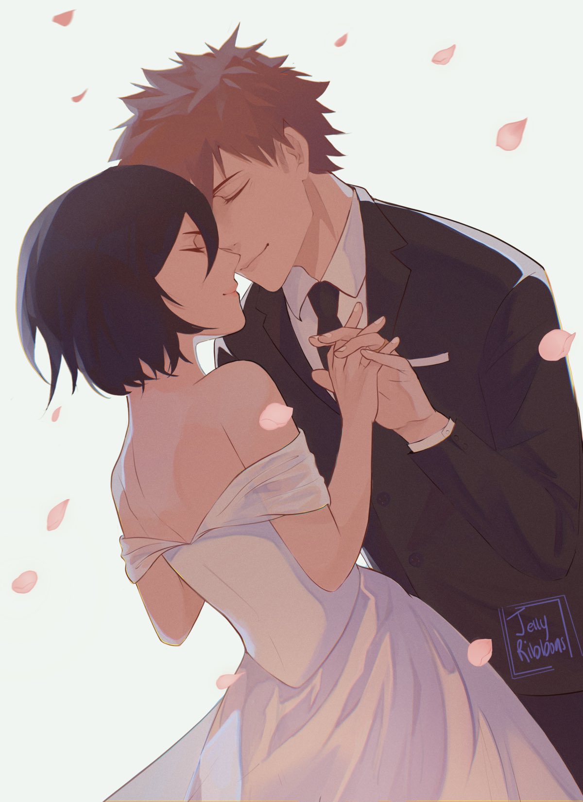 jellyribbons, kuchiki rukia, kurosaki ichigo, bleach, highres, 1boy, 1girl, artist name, bare back, bare shoulders, black hair, black necktie, black pants, black suit, closed eyes, collared shirt, couple, dress, dress shirt, facing another, falling petals, formal clothes, green background, hair between eyes, holding hands, lips, long dress, long sleeves, necktie, orange hair, pants, petals, pink lips, pink petals, profile, shirt, short hair, signature, simple background, smile, spiked hair, suit, twitter username, white dress, white shirt