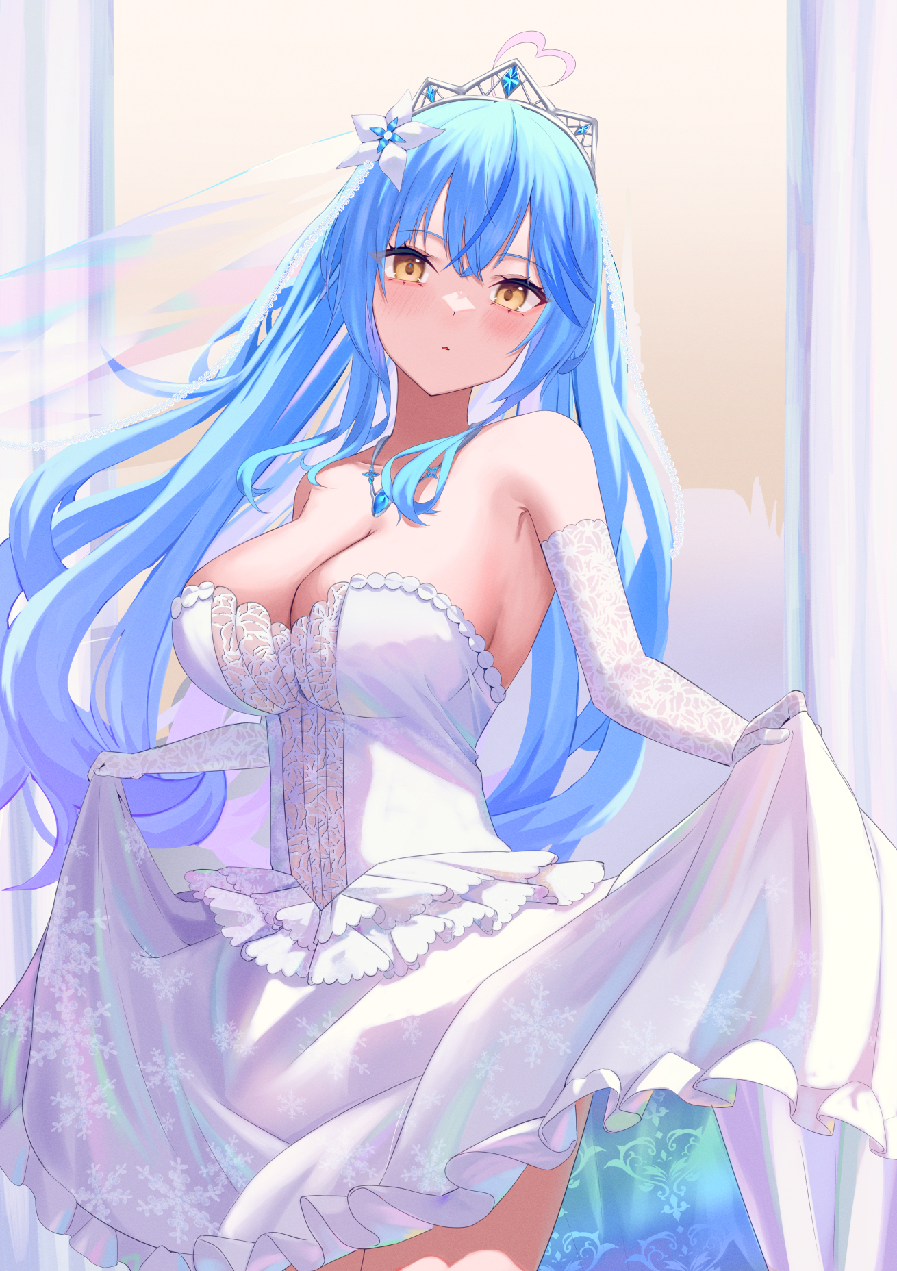 aki uzuki3, yukihana lamy, hololive, commentary, highres, symbol-only commentary, 1girl, ahoge, armpits, bare shoulders, blue hair, blush, breasts, bridal veil, cleavage, clothes lift, collarbone, colored tips, dress, dress lift, elbow gloves, elf, flower, frilled dress, frills, gloves, hair between eyes, hair flower, hair ornament, heart, heart ahoge, large breasts, lifting own clothes, long hair, looking at viewer, multicolored hair, parted lips, pink hair, pointy ears, solo, strapless, strapless dress, veil, virtual youtuber, wedding dress, white dress, white flower, white gloves, yellow eyes